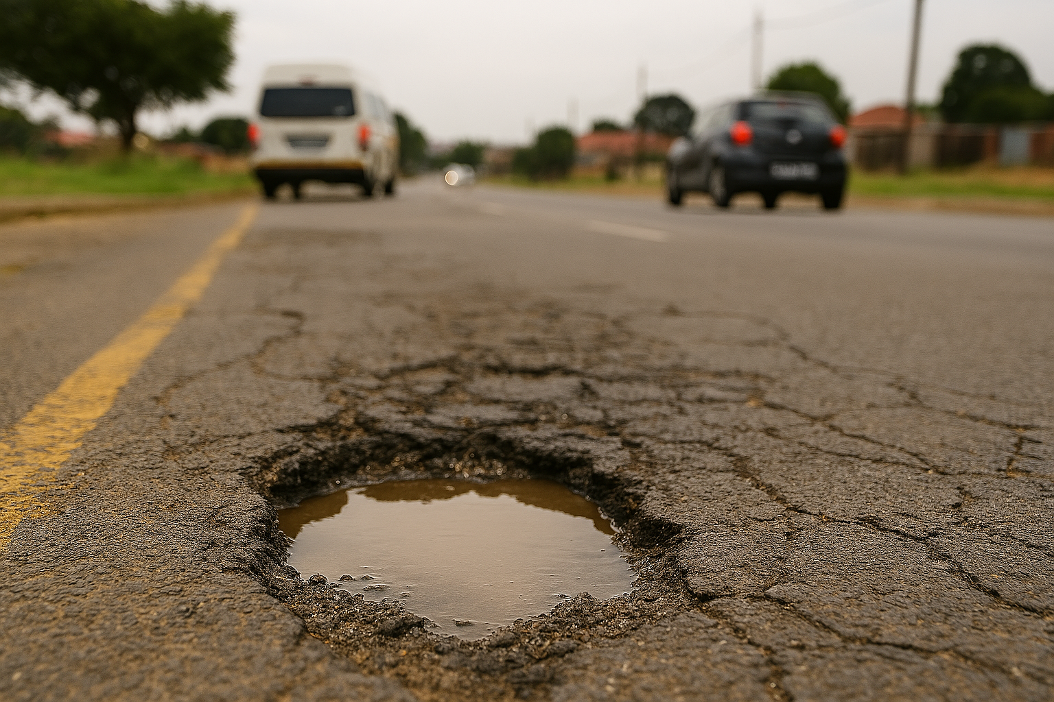 Damaged road surface with pothole relevant to tyre sidewall risk