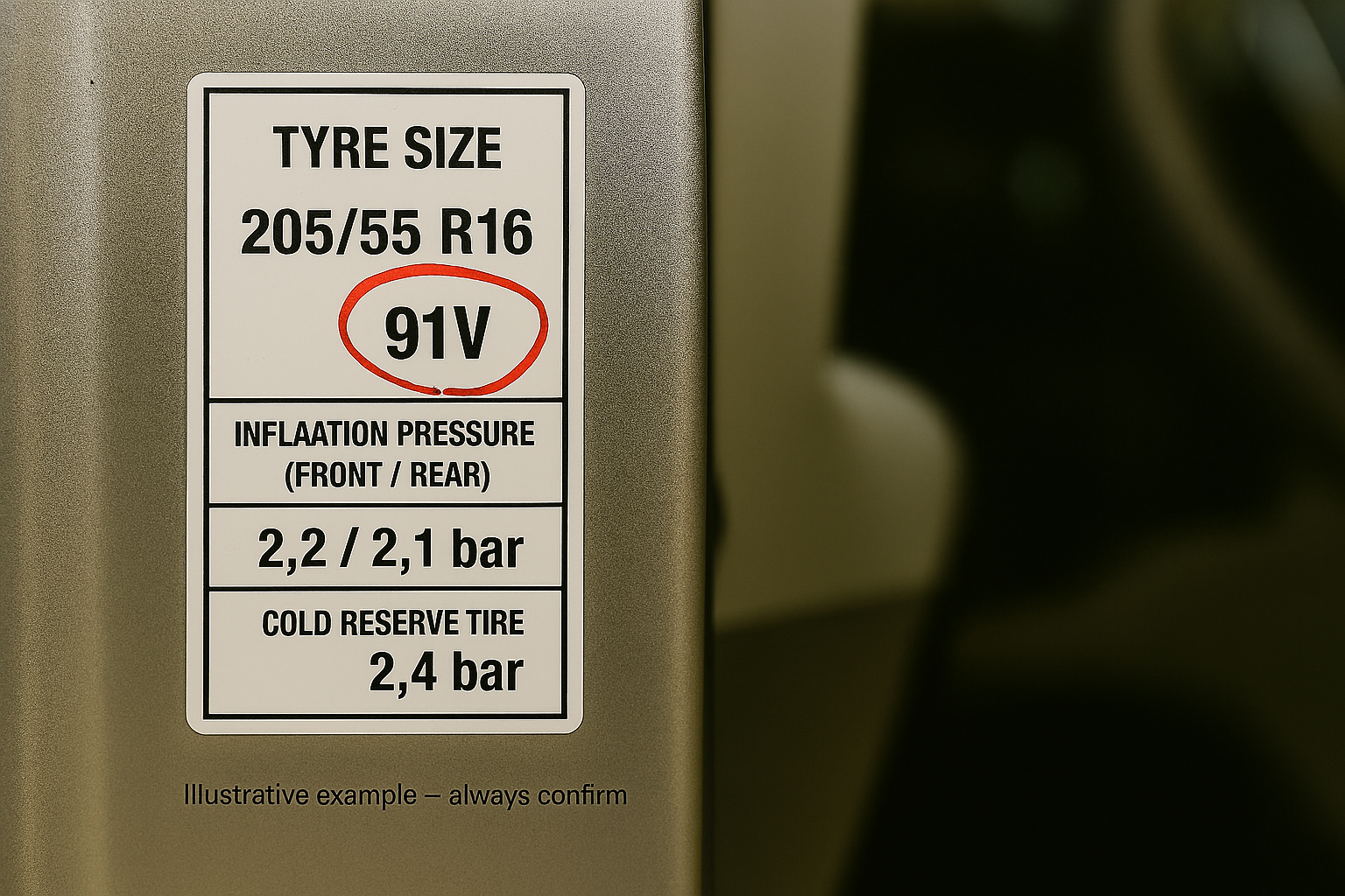 Door placard highlighting required load index and speed rating