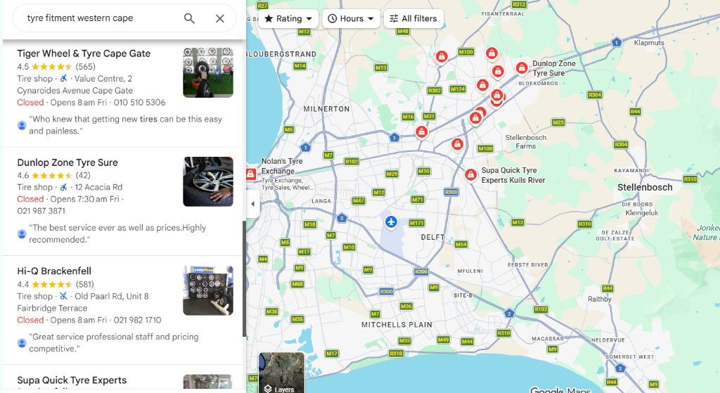 Google Maps search for tyre fitment in the Western Cape showing multiple fitment centre pins around Cape Town