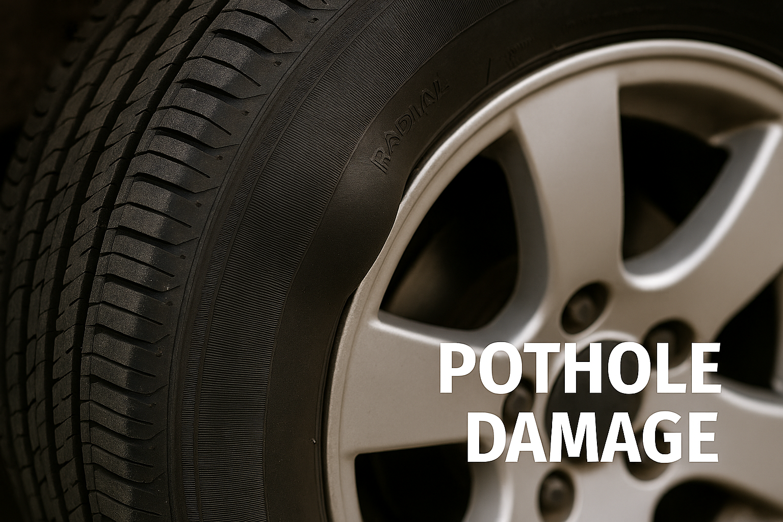 Tyre sidewall damage from hitting a pothole on a South African road