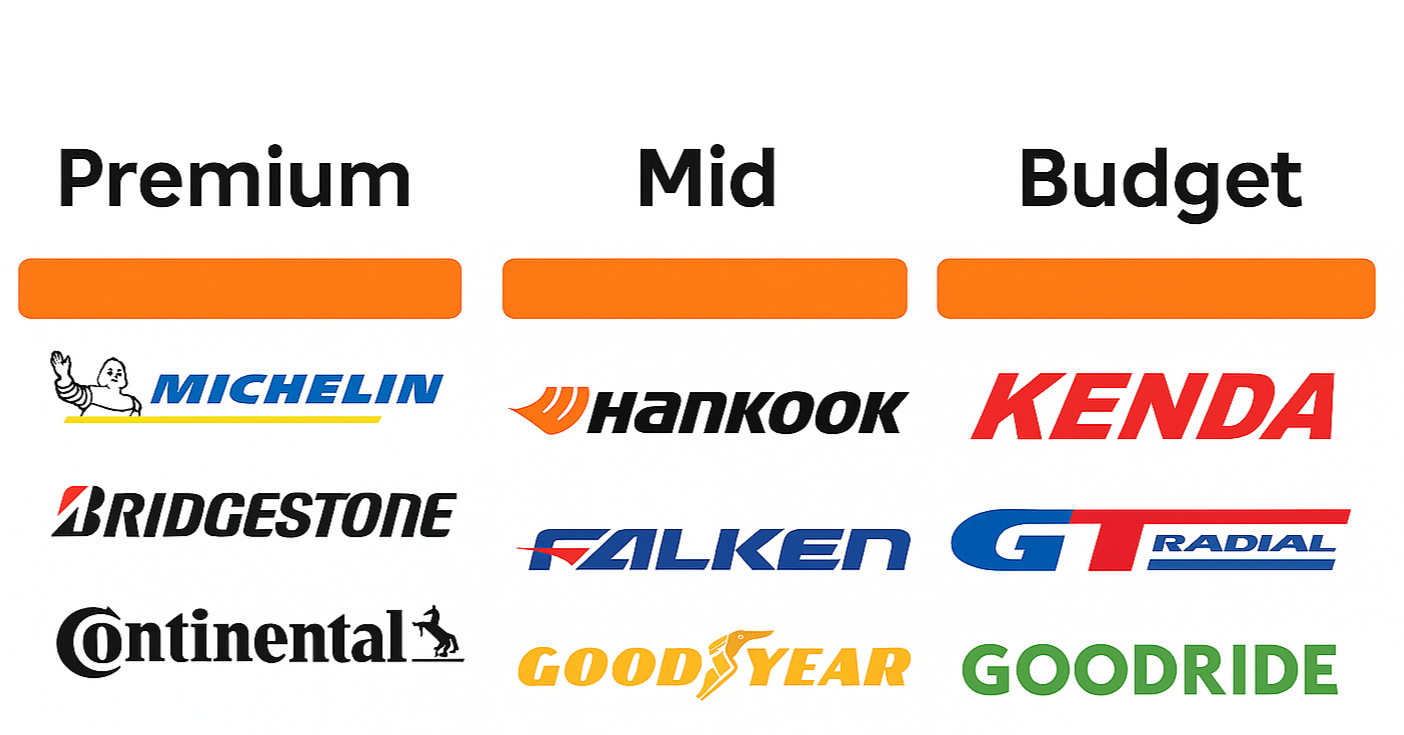 Diagram showing premium mid and budget tyre brand tiers for South Africa