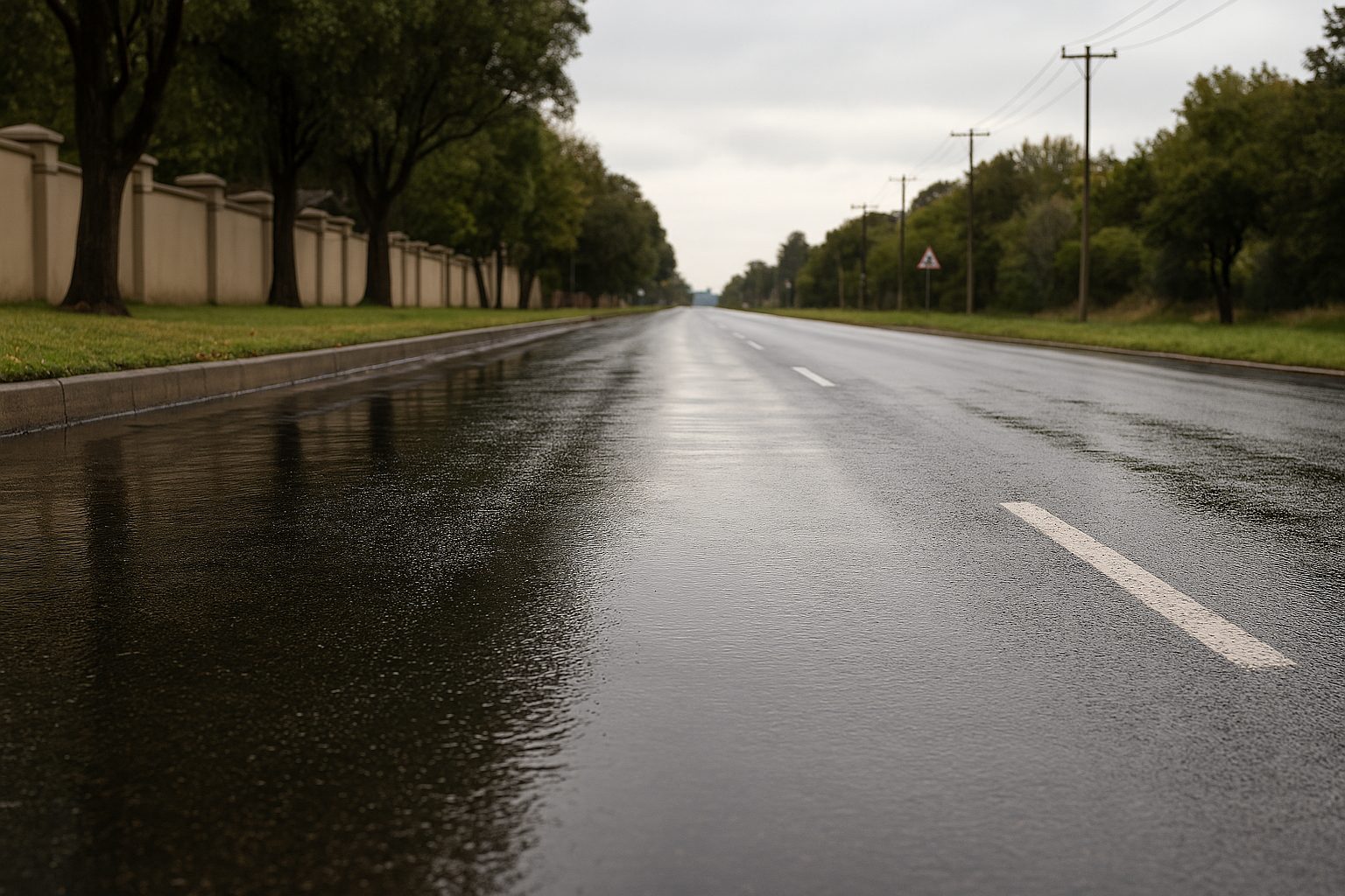 Wet South African road with tyre tracks showing importance of wet grip