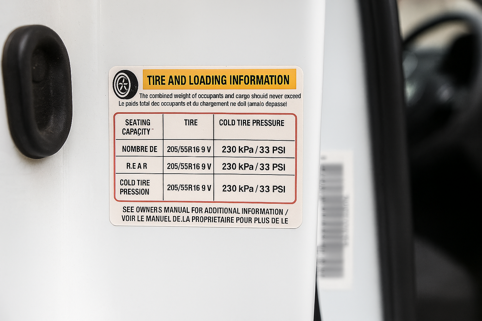 South African vehicle door jamb tyre placard showing size and load index