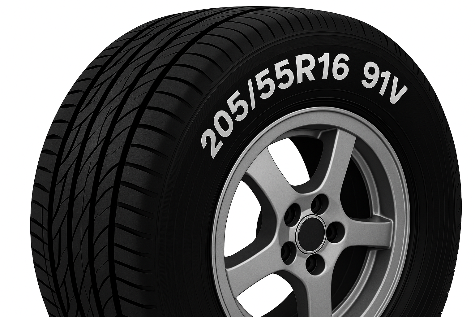 Infographic explaining tyre sidewall markings: width, aspect ratio, R construction, rim diameter, load index and speed rating