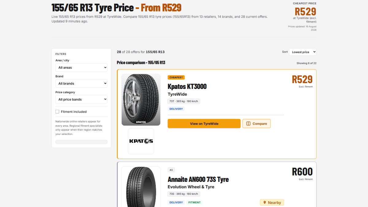 Kpatos tyre listings ranked by price on a South African comparison table