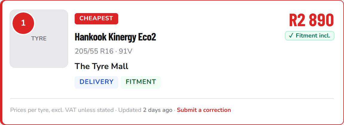 TyreCompare listing showing price and last updated date