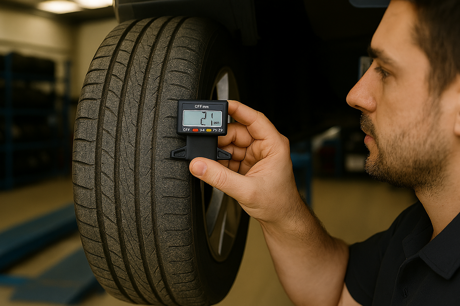Mechanic checking tyre tread depth during roadworthy inspection
