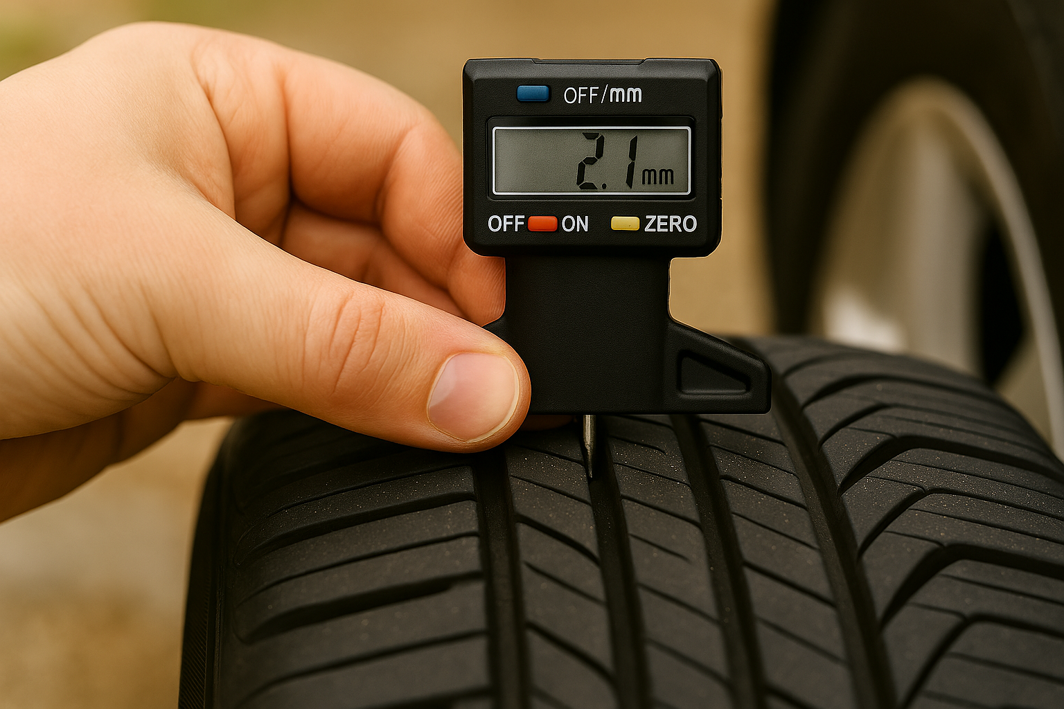 Tread depth gauge showing 3mm measurement on a tyre